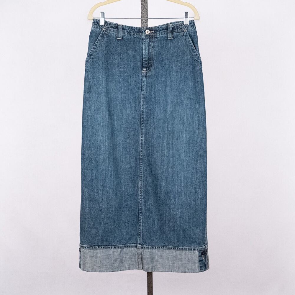 Vintage BKLE Denim Maxi Skirt Size 29 Back Slit Western Prairie Rodeo Blue Jean